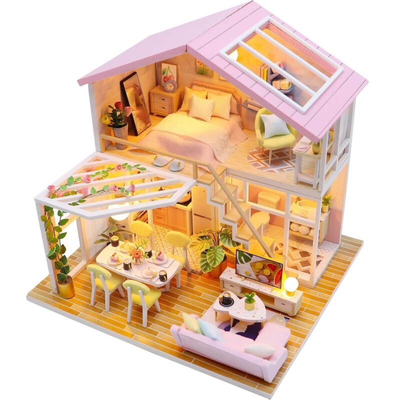 casuta-papusilor-roz-luminata-cu-mobilier-lemn-dormitor-bucatarie casuta-papusilor-roz-luminata-cu-mobilier-lemn-dormitor-bucatarie