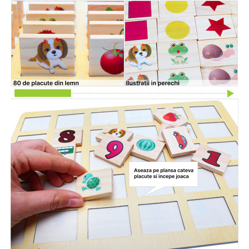 Joc pentru memorie educativ Fructe Cifre Animale din lemn
