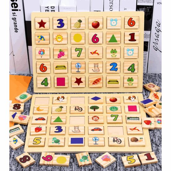 Joc pentru memorie educativ Fructe Cifre Animale din lemn