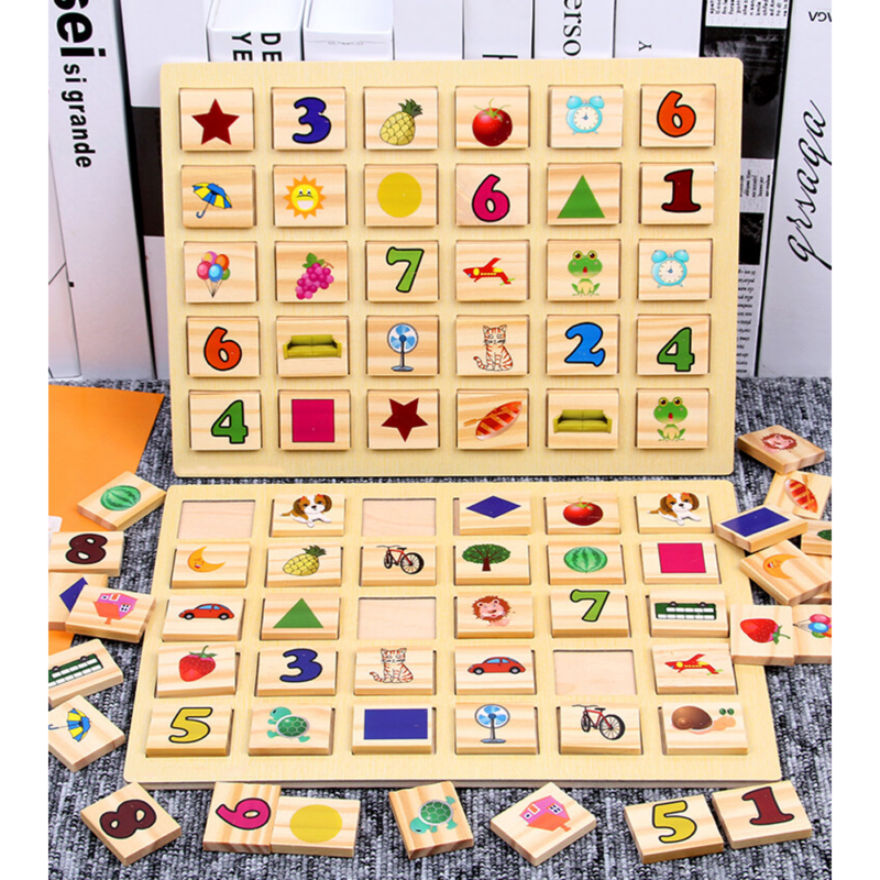 Joc pentru memorie educativ Fructe Cifre Animale din lemn