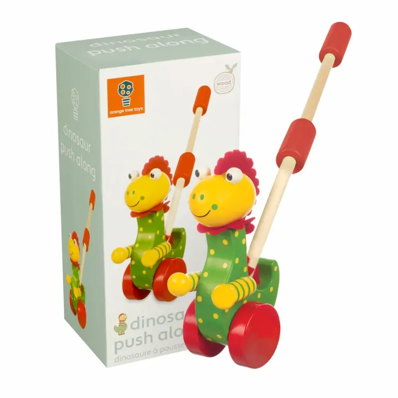 Jucarie de impins lemn Dinozaurul pe roti mobile Orange Tree Toys