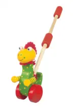 Jucarie de impins lemn Dinozaurul pe roti mobile Orange Tree Toys