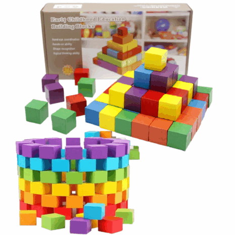 Set 100 cuburi constructie din lemn in culori curcubeu
