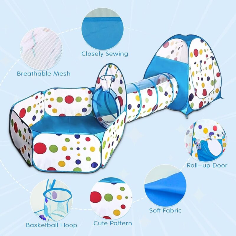 Cort de joaca copii Bleu Tunel Piscina Casuta Cos baschet 3 in 1
