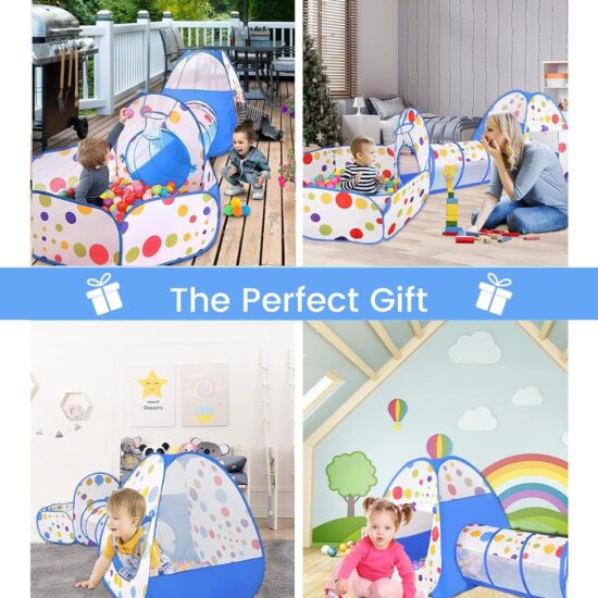 Cort de joaca copii Bleu Tunel Piscina Casuta Cos baschet 3 in 1