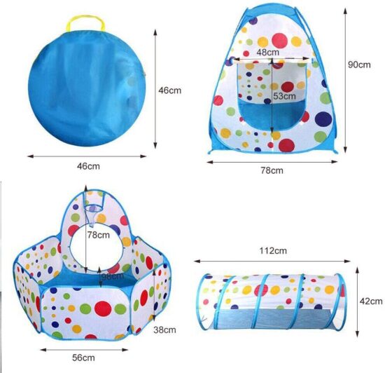 Cort de joaca copii Bleu Tunel Piscina Casuta Cos baschet 3 in 1