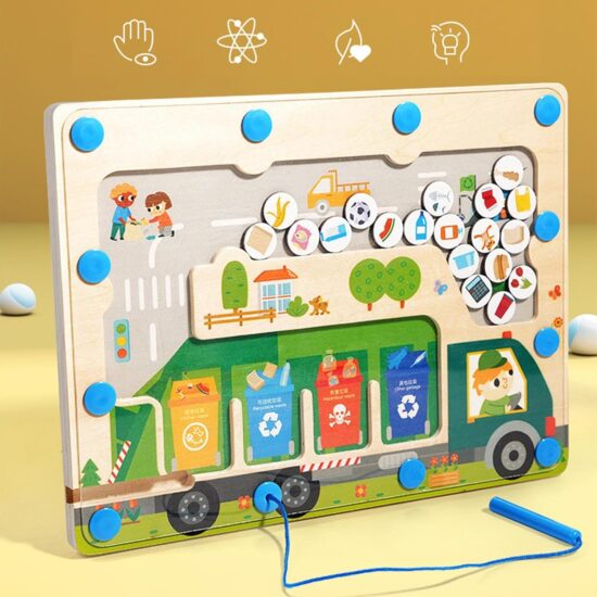Joc educativ lemn Labirint magnetic Sortarea deseurilor pe culori