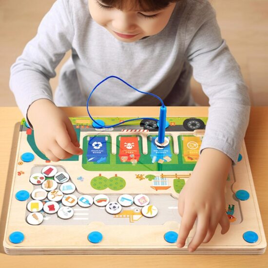 Joc educativ lemn Labirint magnetic Sortarea deseurilor pe culori