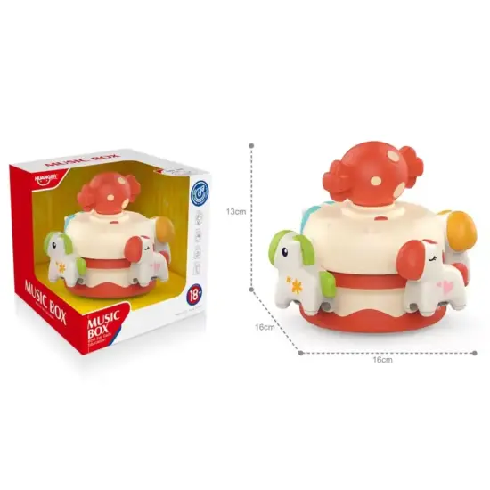 Jucarie Muzicala Mini Carusel rotativ Rosu Animalute pentru bebe