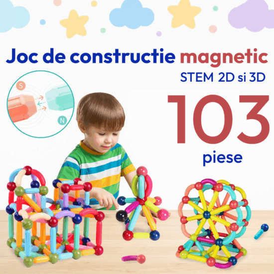 Jucarii magnetice Stem 103 piese Forme constructie Sticks colorate