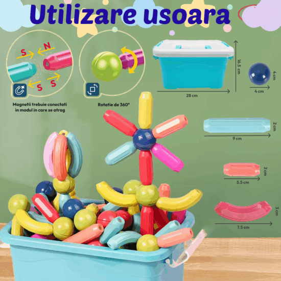 Jucarii magnetice Stem 103 piese Forme constructie Sticks colorate