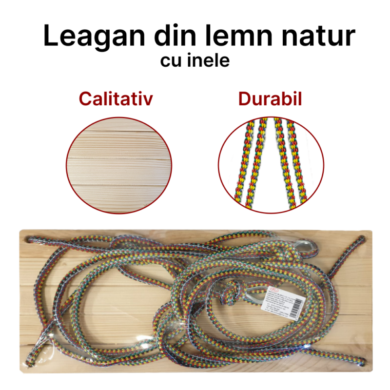 Leagan clasic din Lemn natur cu inele de prindere pentru copii