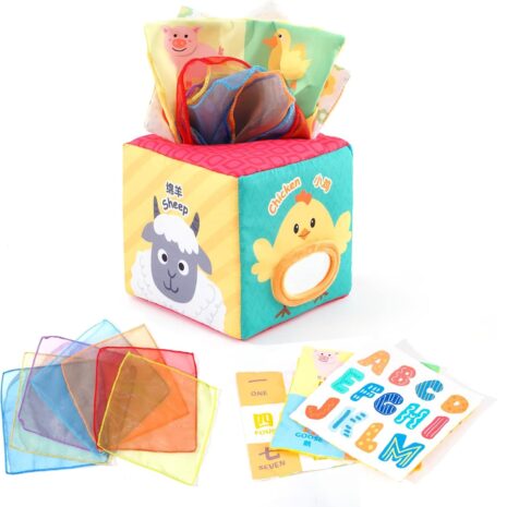 Cutiuta cu servetele moi Cub senzorial cu activitati bebe Animale