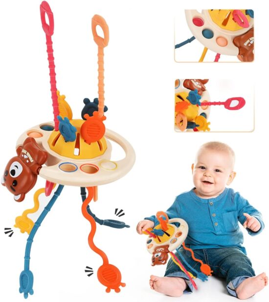 Jucarii senzoriale bebe Ursulet Joc Montessori Trage snurul silicon