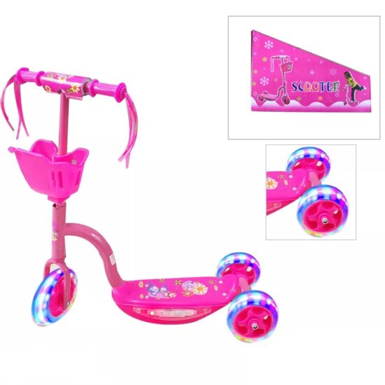 Trotineta 3 roti Roz cu Lumini si Cosulet pentru transport