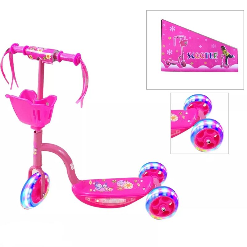 Trotineta 3 roti Roz cu Lumini si Cosulet pentru transport