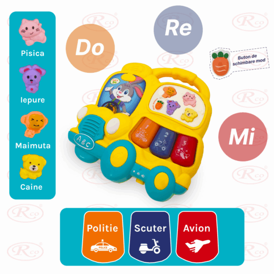Jucarie interactiva bebe Autobuzul luminos cu animale si pian