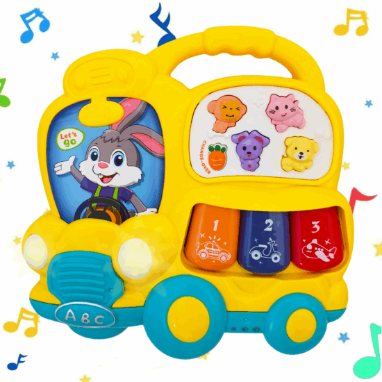 Jucarie interactiva bebe Autobuzul luminos cu animale si pian Jucarie interactiva bebe Autobuzul luminos cu animale si pian