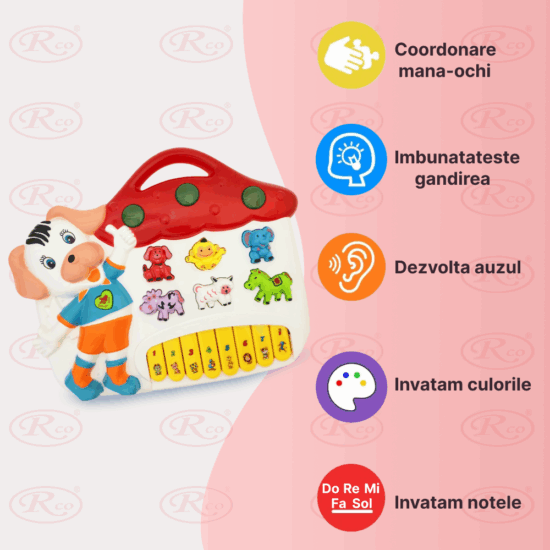 Jucarie interactiva bebe Pianina Alba Catelus cu lumini