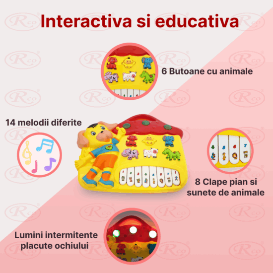 Jucarie interactiva bebe Pianina galbena Catelus cu lumini