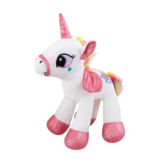 Jucarie plus Unicorn Muzical Curcubeu cu aripi si sclipici 20 cm