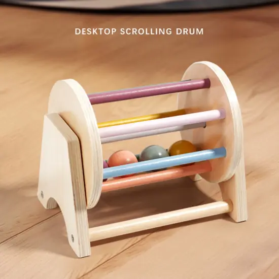 Tambur rotativ cu bile Cilindru din lemn natur Joc Montessori