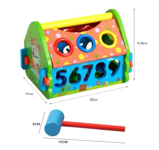 Casuta educativa Cifre Sortator forme Ciocanel cu bile lemn