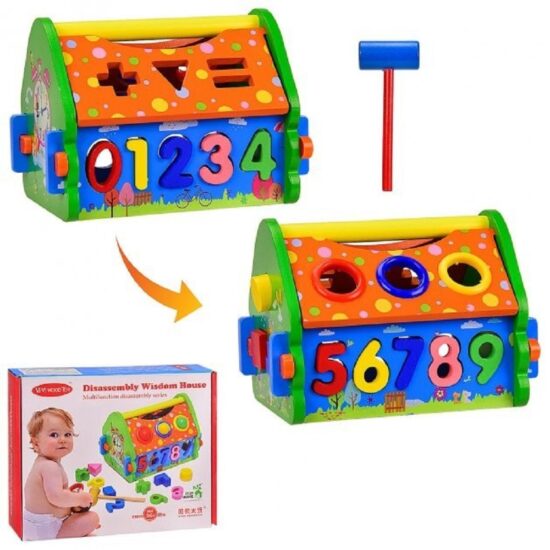 Casuta educativa Cifre Sortator forme Ciocanel cu bile lemn Casuta educativa Cifre Sortator forme Ciocanel cu bile lemn