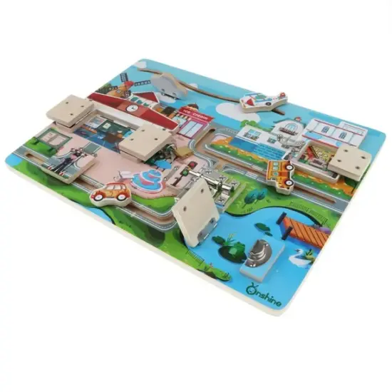 Joc Labirint Montessori lemn Incuie si descuie Usile din orasel