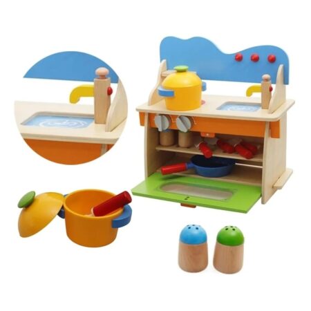 Mini Bucatarie copii din lemn Verde Accesorii pentru gatit colorate