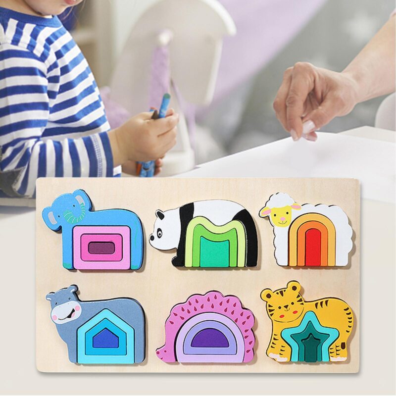 Puzzle din lemn Animale in straturi Stivuire Sortare 3D cu Forme