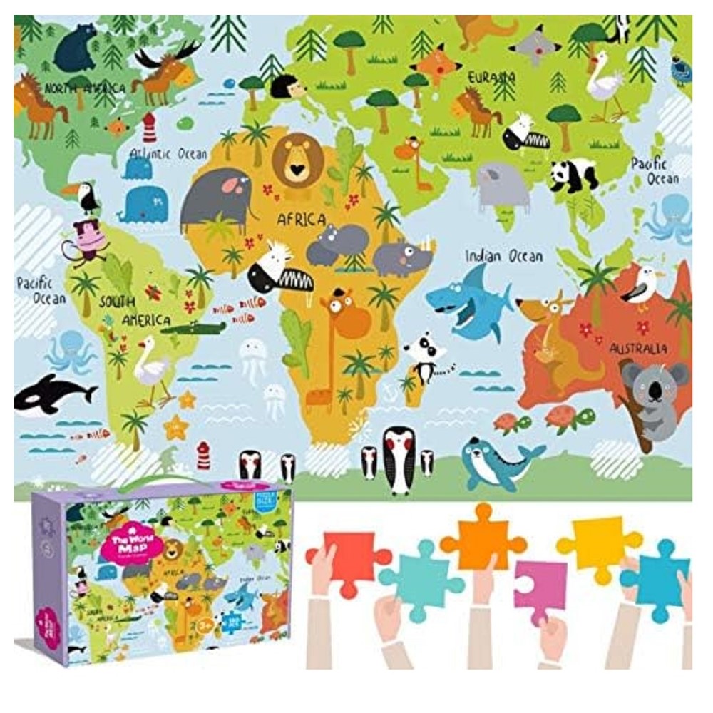 Puzzle educativ cu 180 piese Recunoaste Harta lumii cu animale