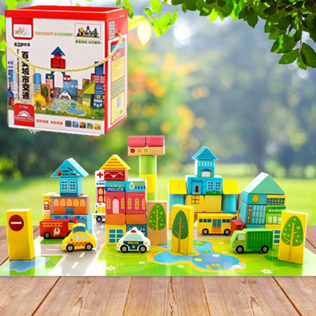 Set 62 cuburi Oraselul cu Forme geometrice din lemn Vehicule