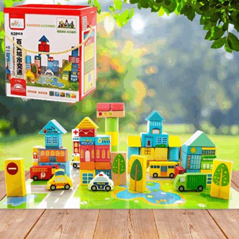 Set 62 cuburi Oraselul cu Forme geometrice din lemn Vehicule