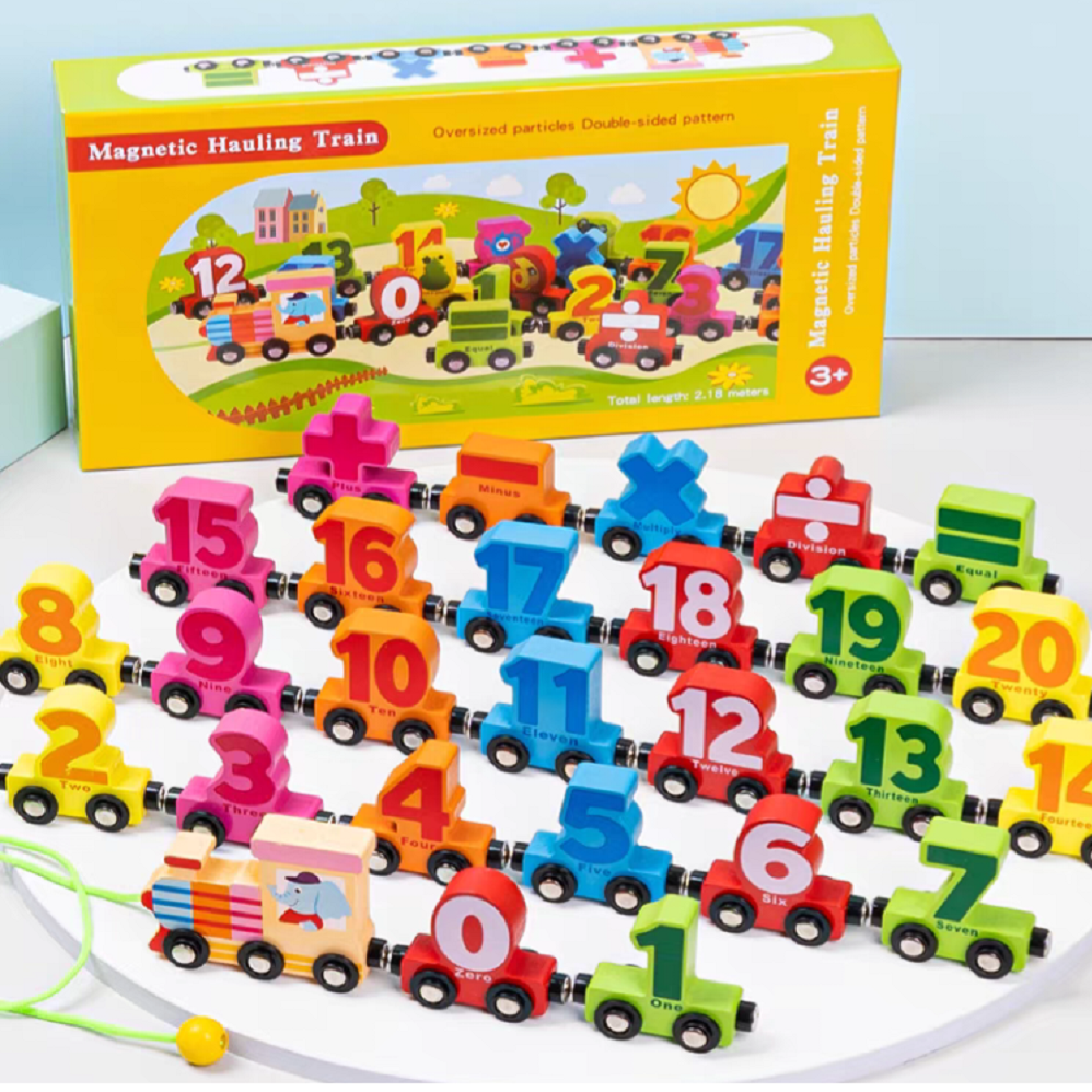 Tren magnetic Cifre 1-20 Joc educativ cu 26 Vagoane din lemn