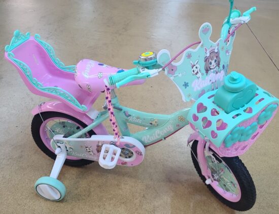 Bicicleta cu cos Printesa Verde Scaun pentru papusi Roti ajutatoare