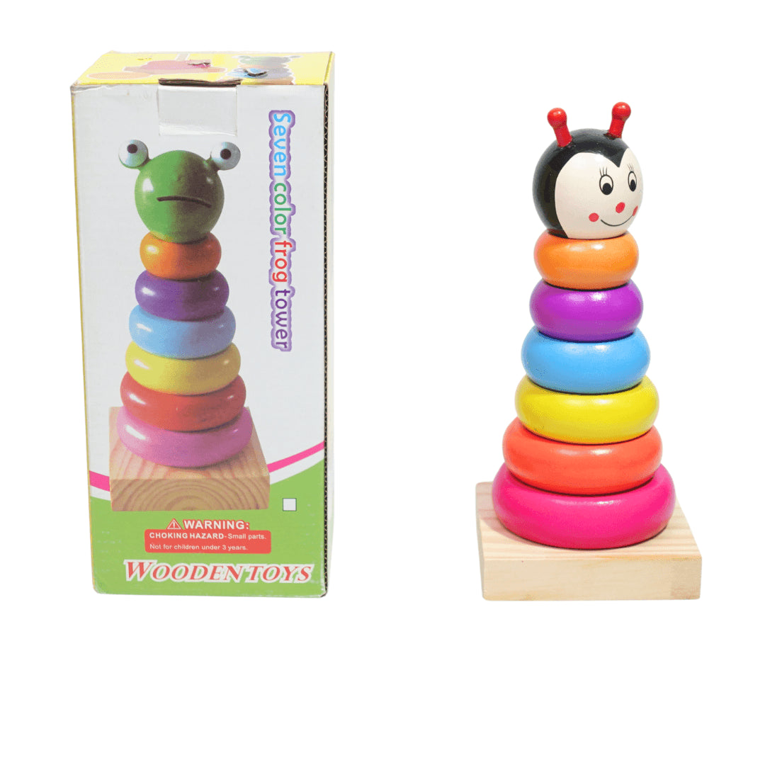 Jucarie Piramida Montessori Omida lemn Stivuire forme Rainbow