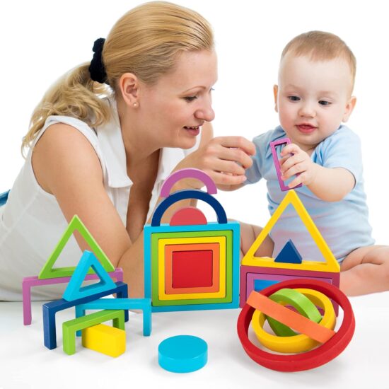 Set cuburi constructii Forme geometrice Montessori Rainbow