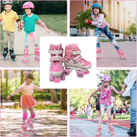 Role Reglabile Roz Incepatori 4 roti cu Frana de siguranta copii