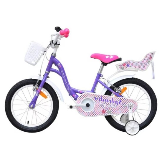 Bicicleta copii Mov cu cos Scaun pentru papusi si Roti ajutatoare Bicicleta copii Mov cu cos Scaun pentru papusi si Roti ajutatoare