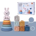 Jucarie bebe Piramida Iepuras cu Cercuri Cuburi moi Senzoriale