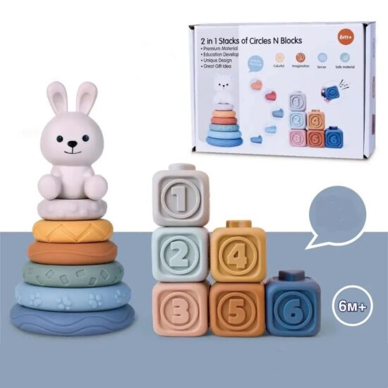 Jucarie bebe Piramida Iepuras cu Cercuri Cuburi moi Senzoriale