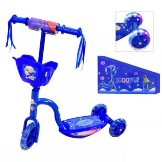 Trotineta 3 roti Albastru cu Lumini si Cosulet pentru transport