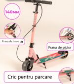 Trotineta pliabila Roz Frana de mana Spate Scooter cu Lumini