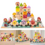 Jucarie educativa lemn Set cuburi constructie si trenulet magnetic