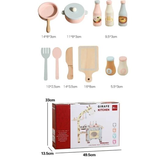 Bucatarie Girafa Jucarie din lemn cu Chiuveta si accesorii vase