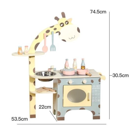 Bucatarie Girafa Jucarie din lemn cu Chiuveta si accesorii vase