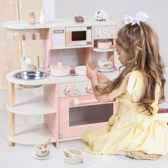 Bucatarie copii lemn Vase Chiuveta Aragaz Cuptor cu microunde