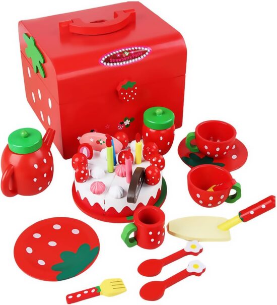 Jucarie copii Set ceai si Tort aniversar din lemn Accesorii bucatarie