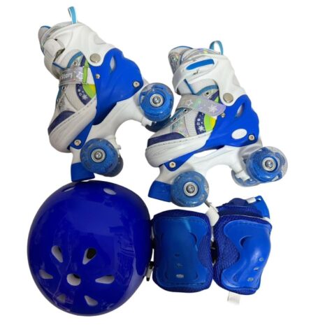 Role Bleu cu Protectii 4 roti incepatori reglabile Lumini Frana Patine